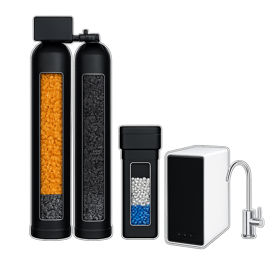 City water dual-tank water softener with salt-free conditioner and tankless reverse osmosis drinking water system