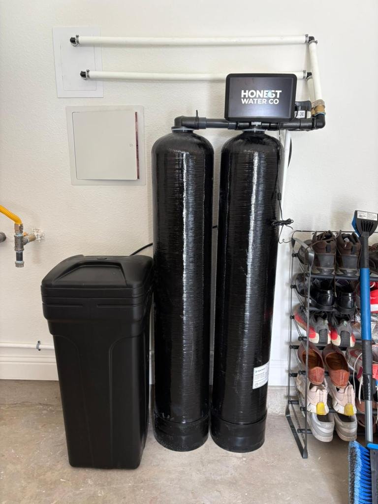 Honest Water Co garage dual-tank water softener installation in Southern California