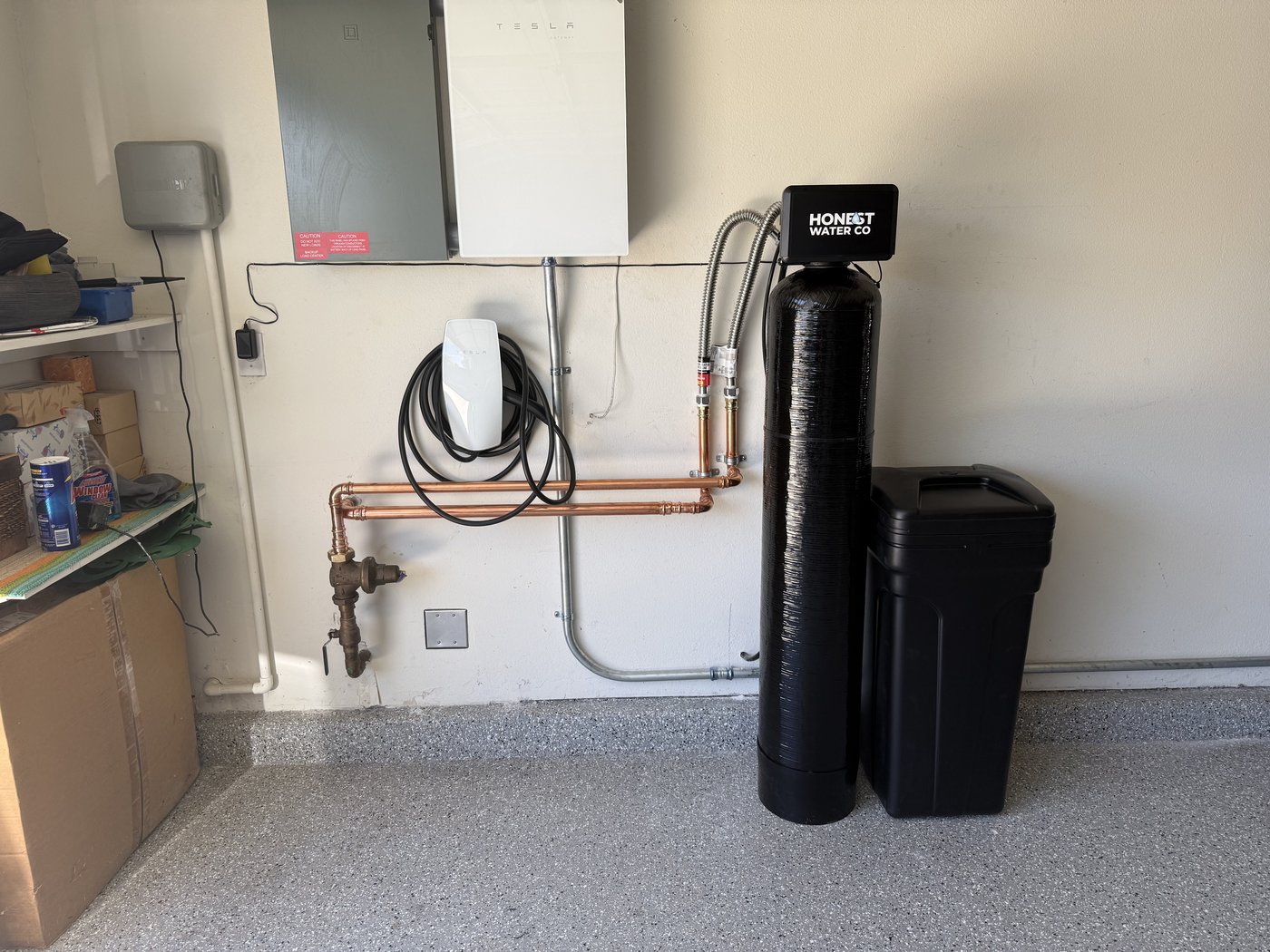 Honest Water Co clean garage water softener installation with copper plumbing in Southern California