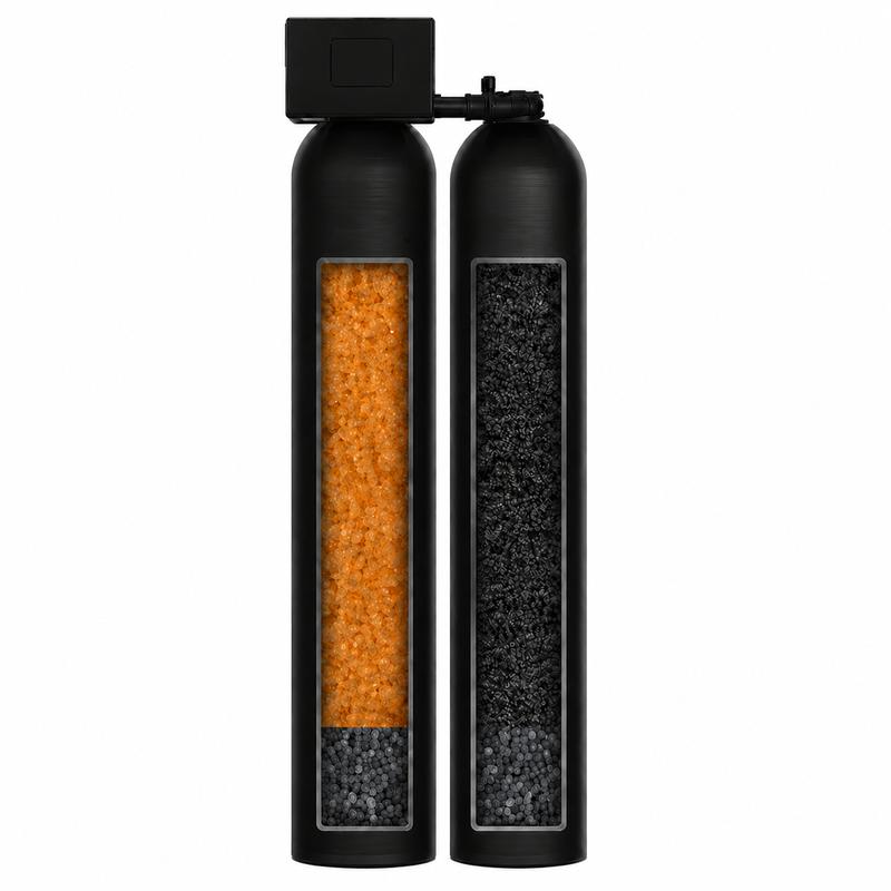 Salt-free water softener dual-tank system with carbon filtration for SoCal homes — no salt, no drain — Honest Water Co